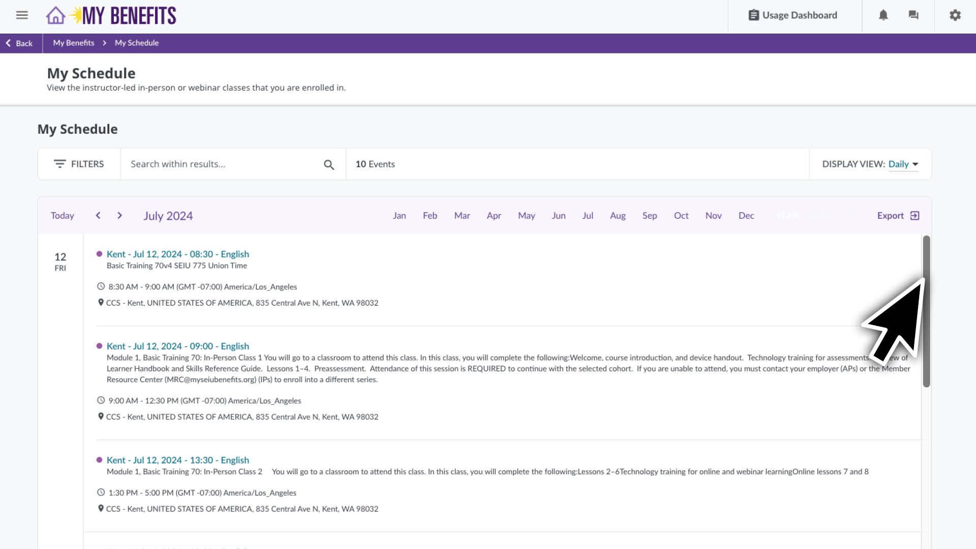Scroll down to see more classes for that month.