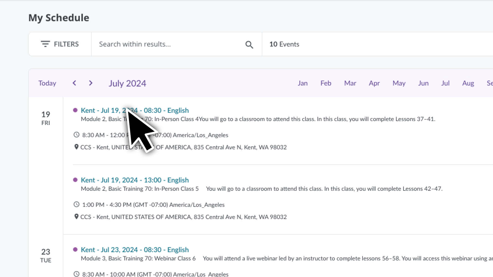 Click on a course to see it's page and course details.