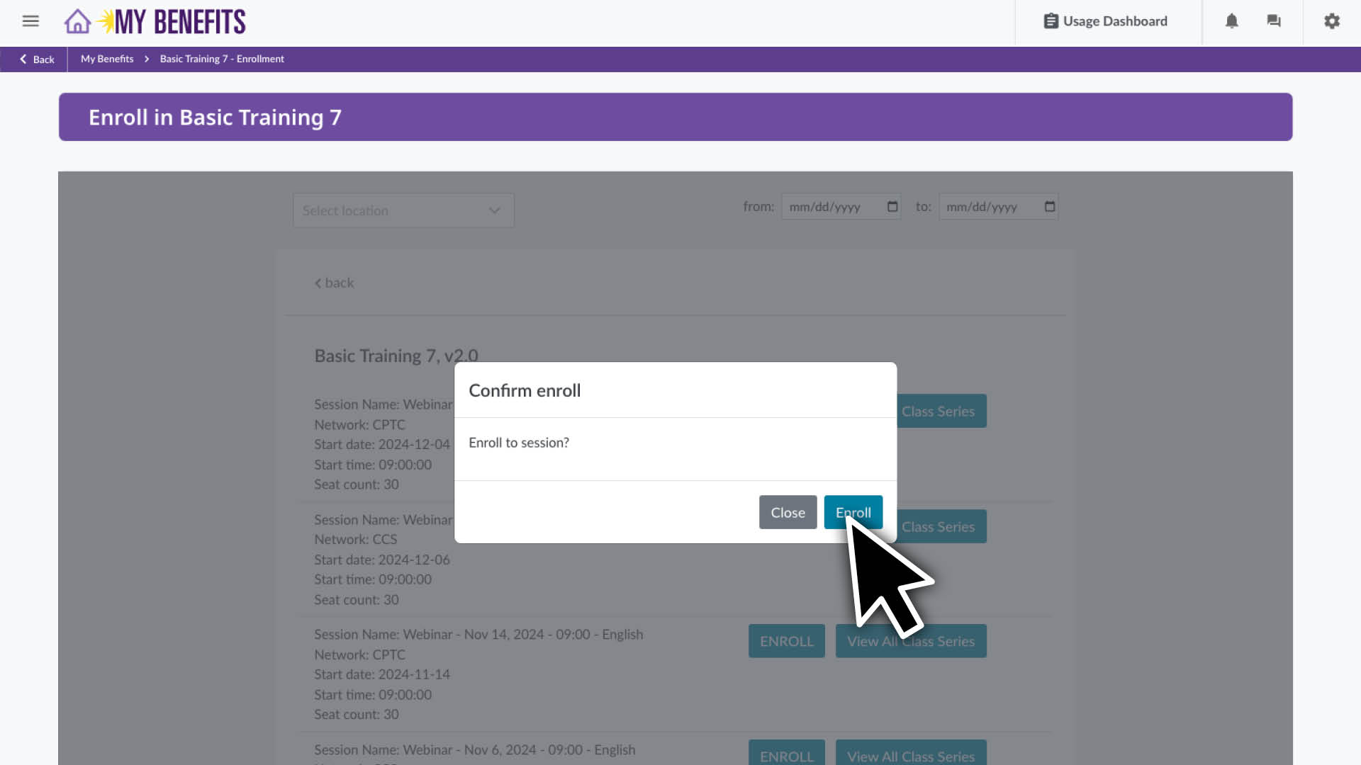 Click the Enroll button in the pop up to confirm your enrollment. 