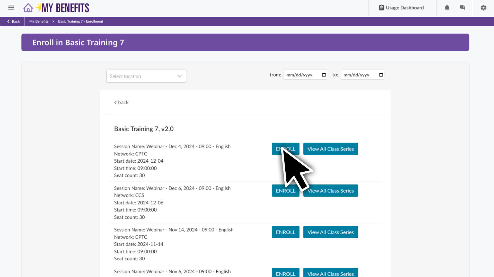 Click the Enroll button on the class series you want to enroll in.