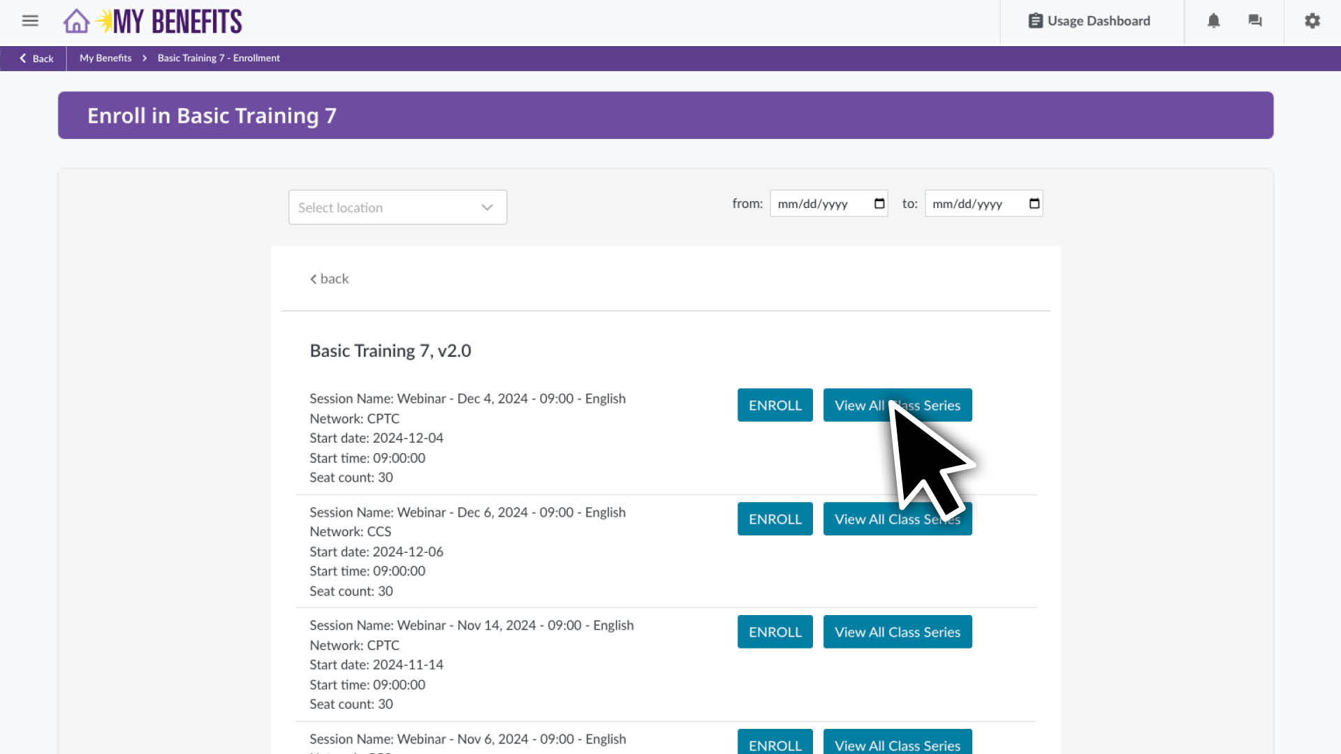 Scroll to find your preferred start date. To see the schedule for both webinar modules, click the View All Class Series button.