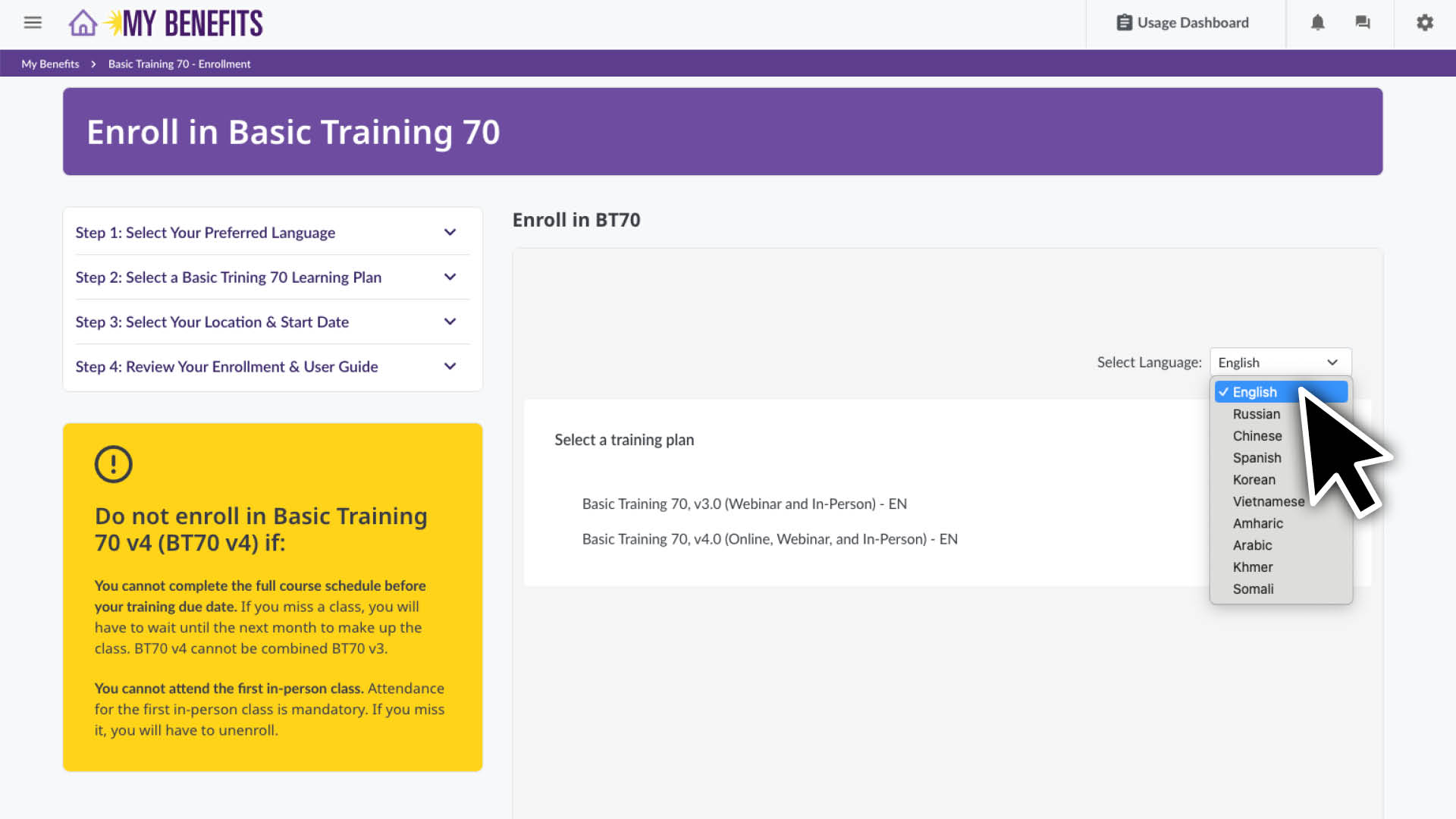 Scroll down to the enroll section and select your preferred language for training.