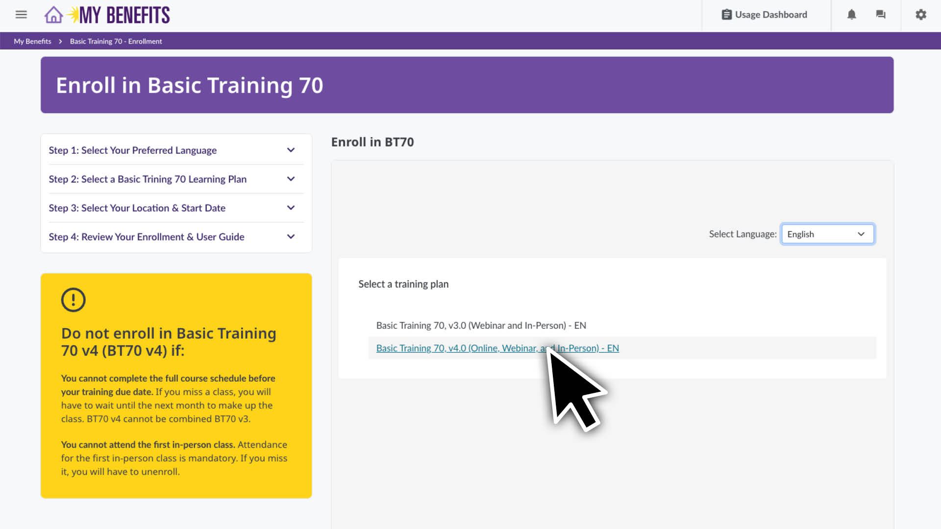 Click on your preferred version of Basic Training 70.