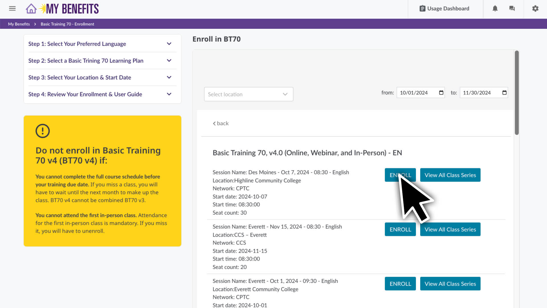 Click the Enroll button on the class series you want to enroll in.