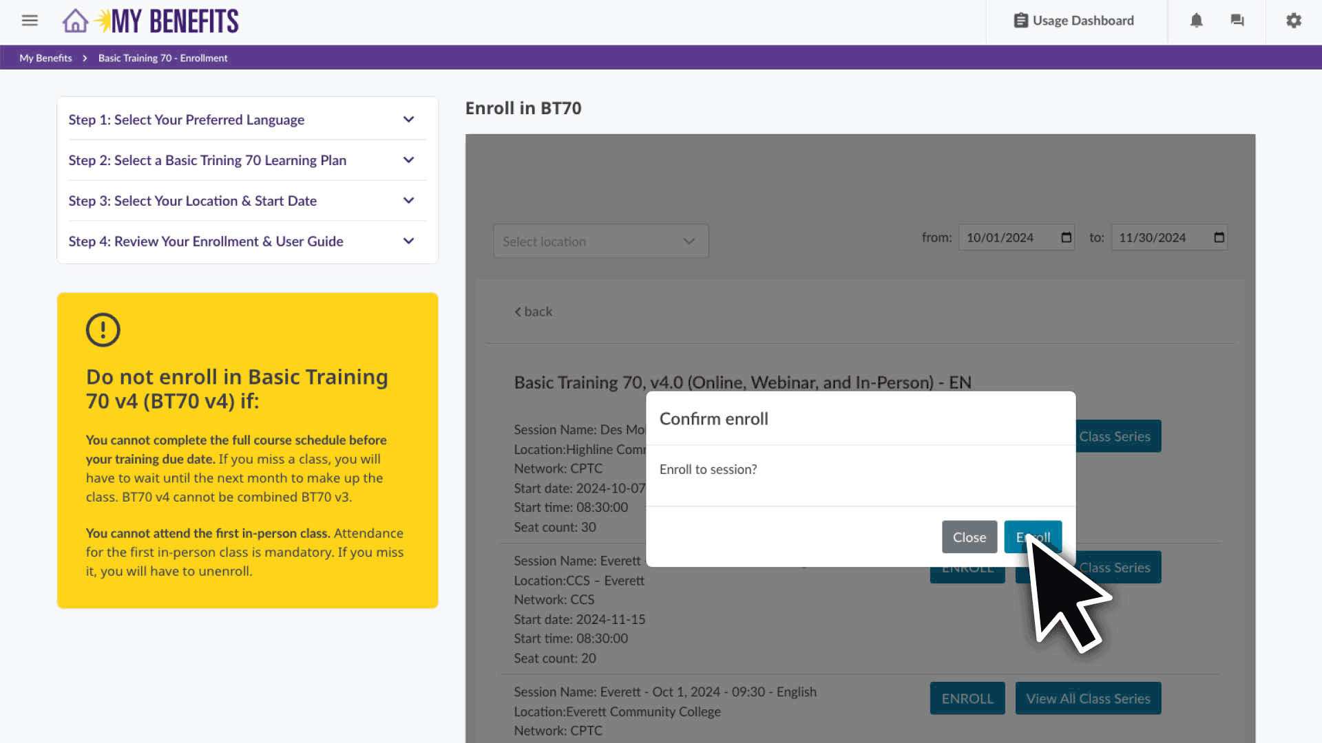Confirm your enrollment by clicking the Enroll button and then the OK button.