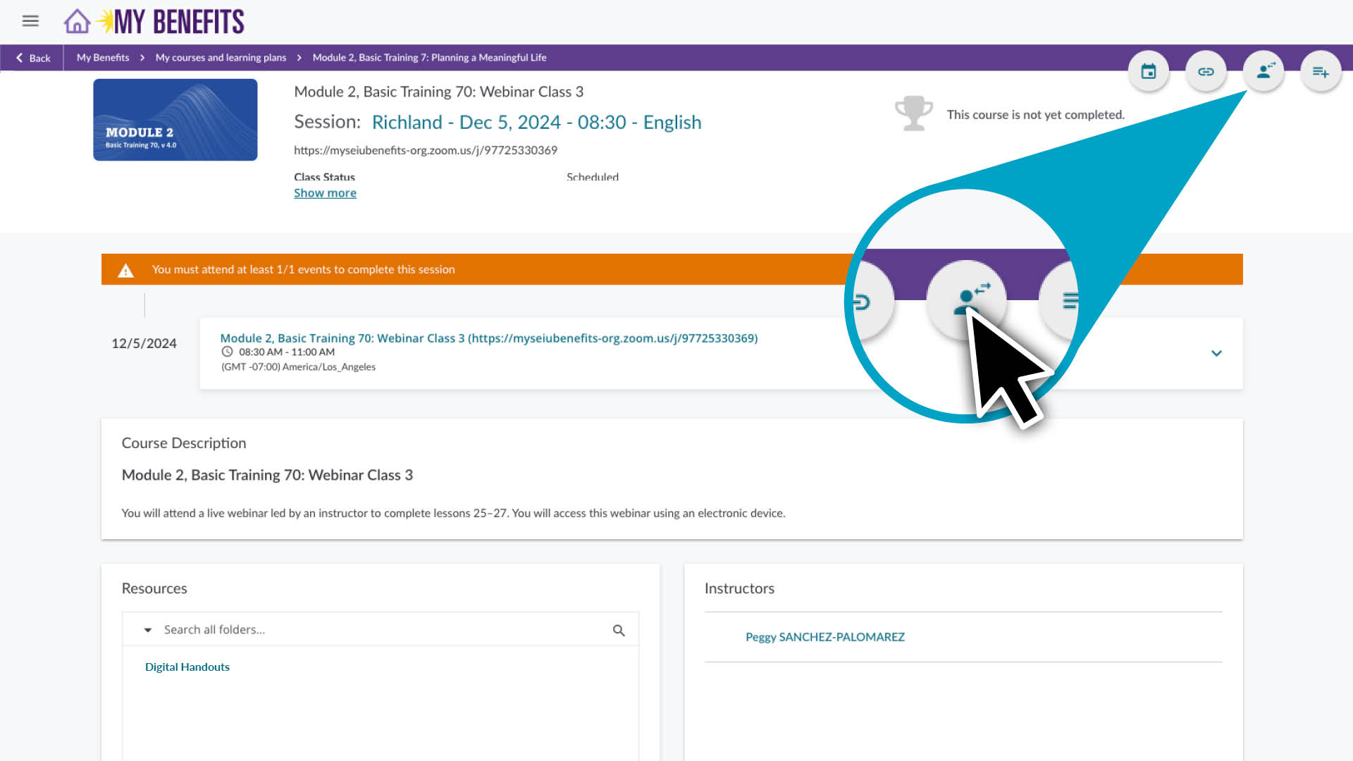 Click the user icon located in the top right corner of the course page.