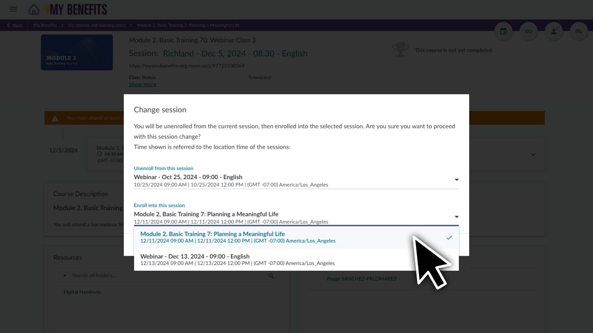 Click on the course session you would like to switch to. 