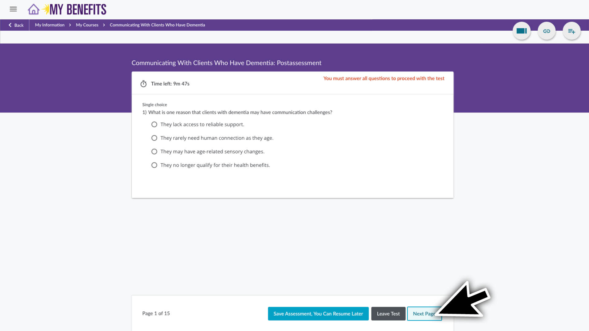 Select the answer for each question and click the Next Page button.